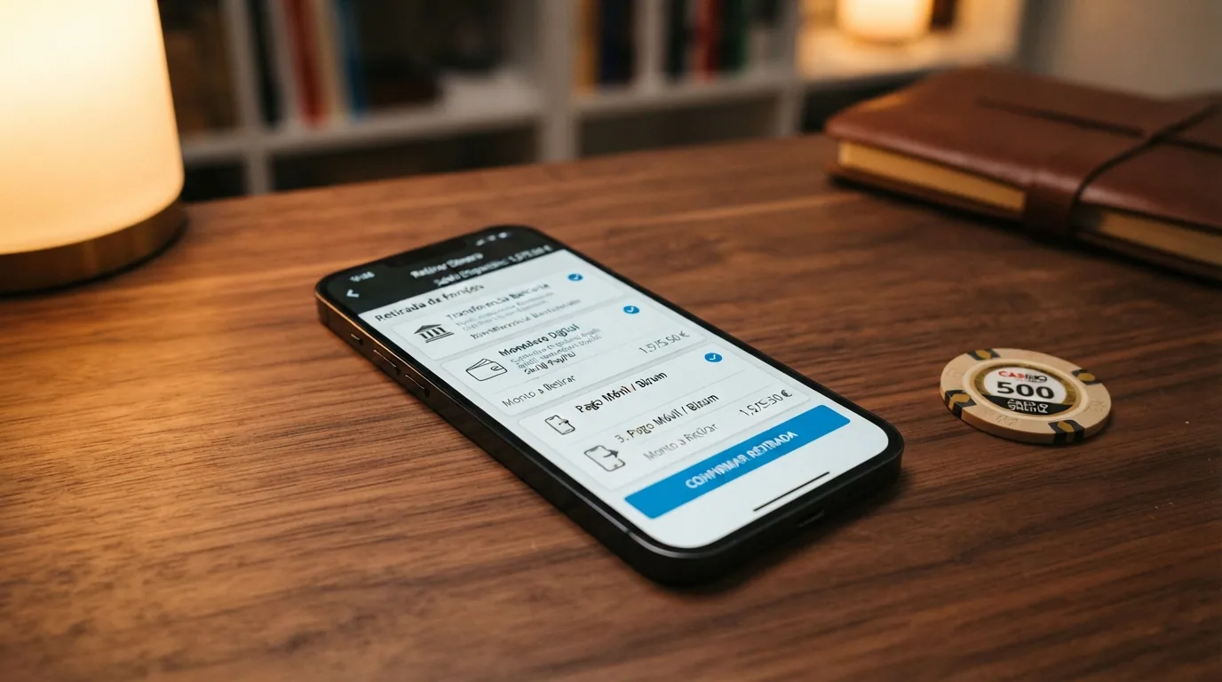 Un teléfono móvil mostrando la pantalla de retirada de un casino con los iconos de transferencia bancaria, PayPal y Bizum como opciones disponibles