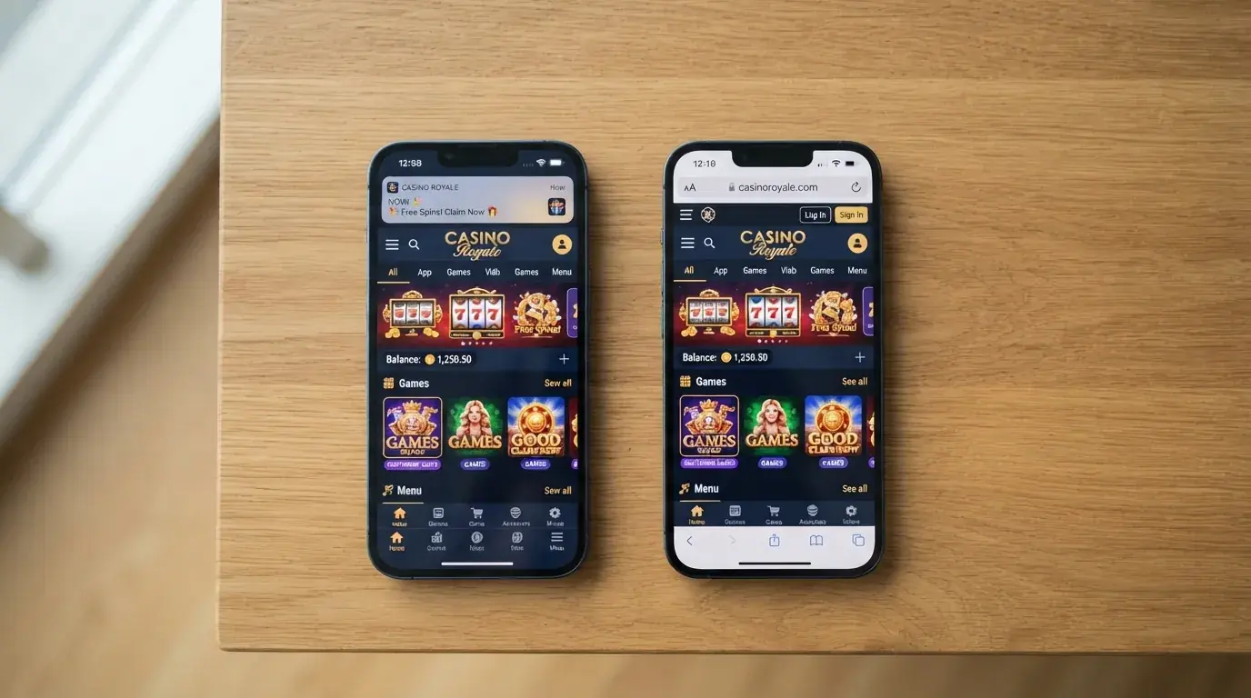 Dos teléfonos idénticos lado a lado: uno muestra la app nativa de un casino con notificación push visible y el otro el mismo casino en el navegador móvil