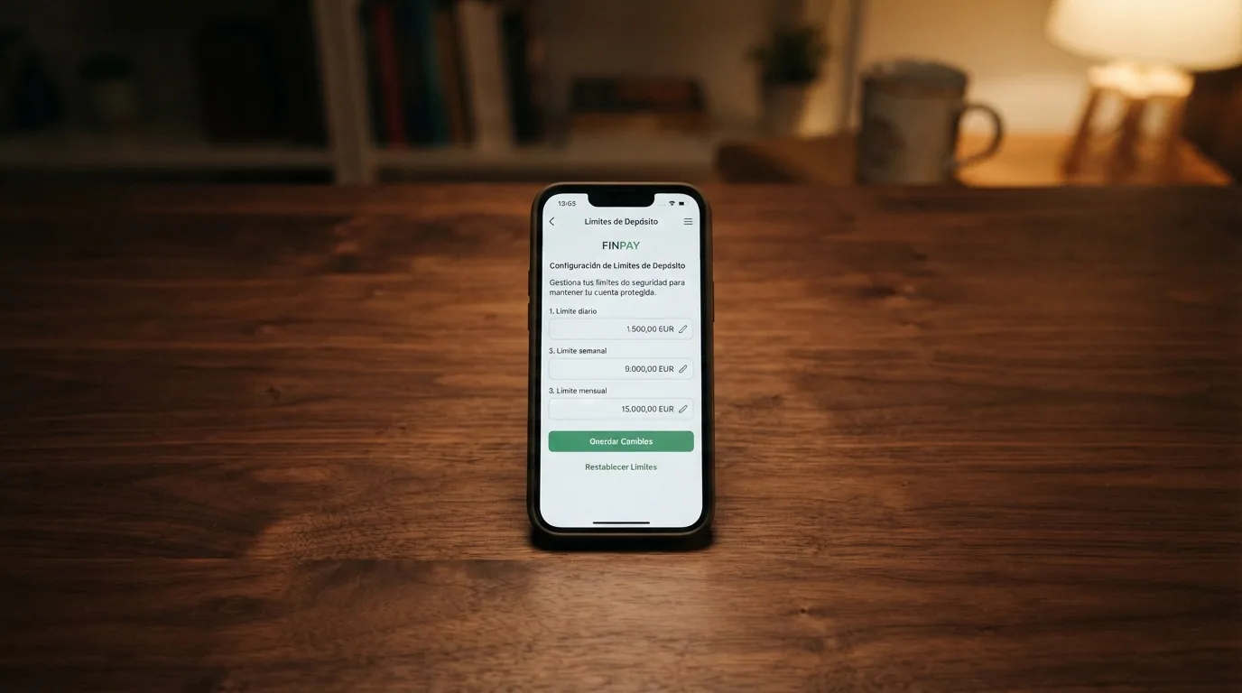 Pantalla de configuración de límites de depósito dentro de la app de MiFinity con los campos de límite diario, semanal y mensual visibles