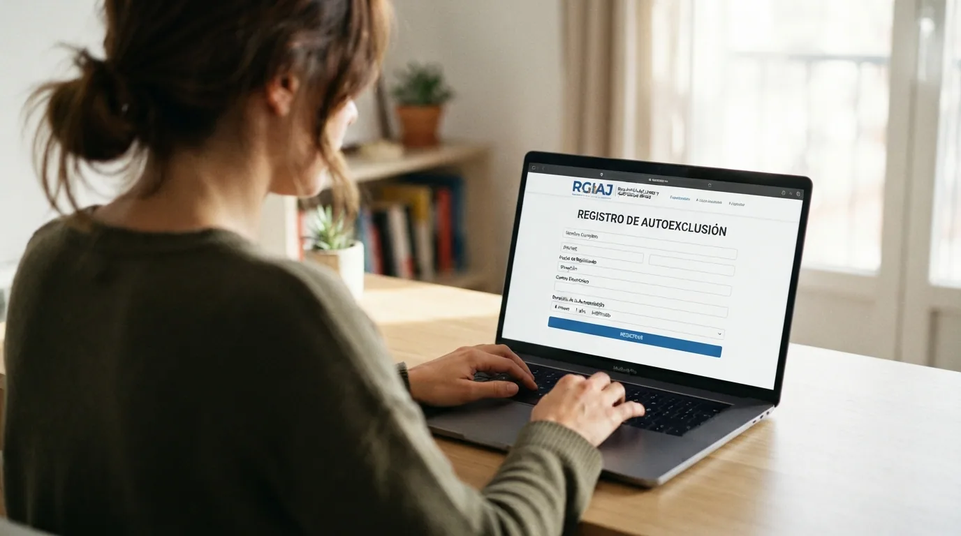 Una mano apoyada sobre un teclado con la pantalla mostrando el formulario de inscripción del RGIAJ en la web de la DGOJ