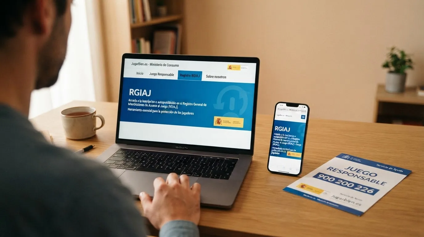 La pantalla del portal Jugarbien.es abierta en un ordenador junto al texto «RGIAJ» y un teléfono con el número 900 200 226
