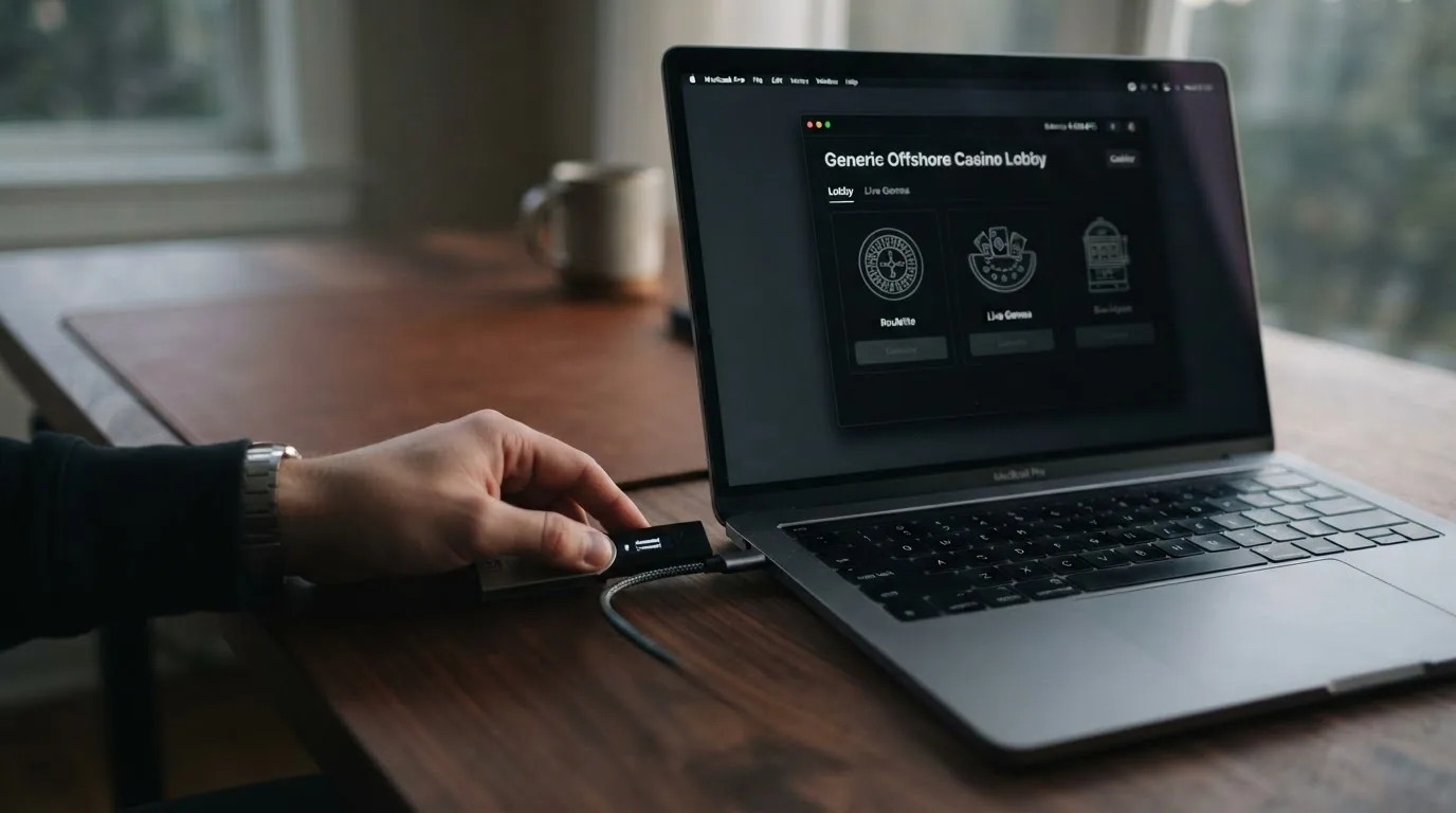 Un monedero físico de hardware wallet conectado a un portátil con la interfaz de un casino offshore en pantalla