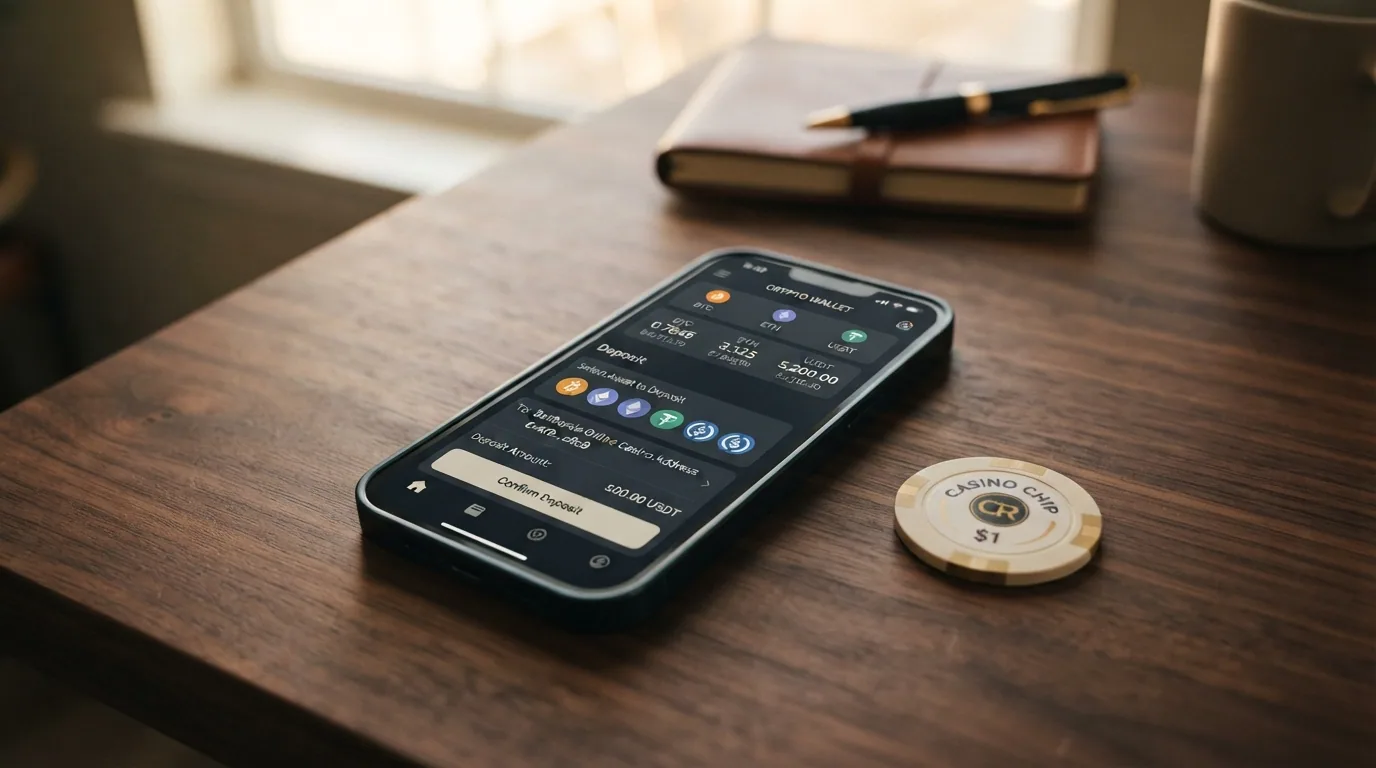 Una cartera digital de criptomonedas en la pantalla de un móvil mostrando saldos en Bitcoin, Ethereum y USDT junto a la interfaz de depósito de un casino crypto