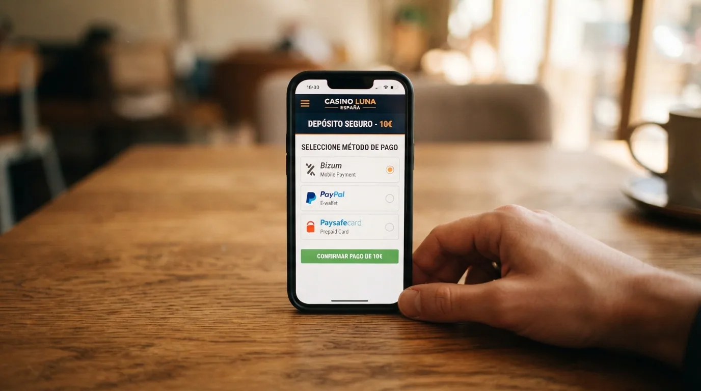 Pantalla de un teléfono móvil mostrando la interfaz de pago con Bizum junto a los logos de PayPal y Paysafecard como opciones de depósito en un casino