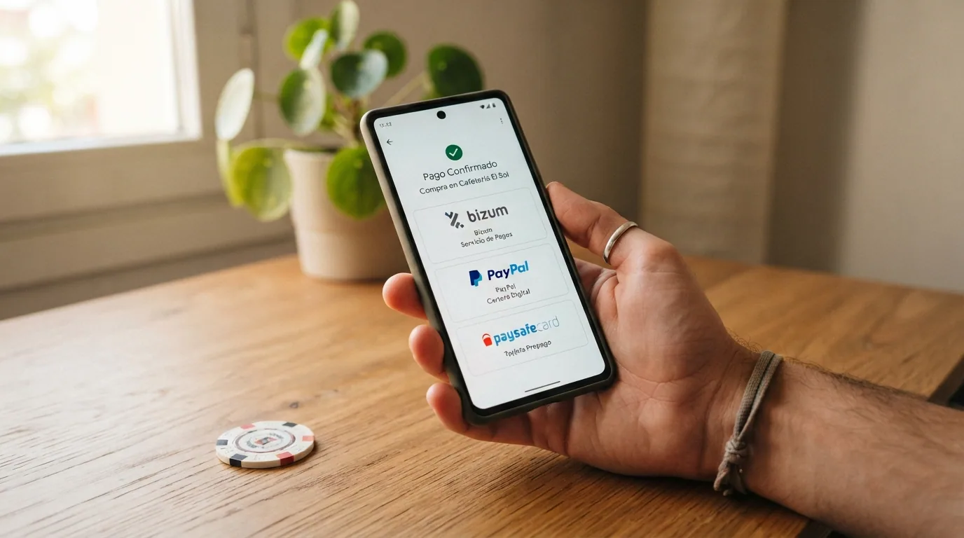 Pantalla de pago en un casino online mostrando Bizum, PayPal y Paysafecard como opciones de depósito