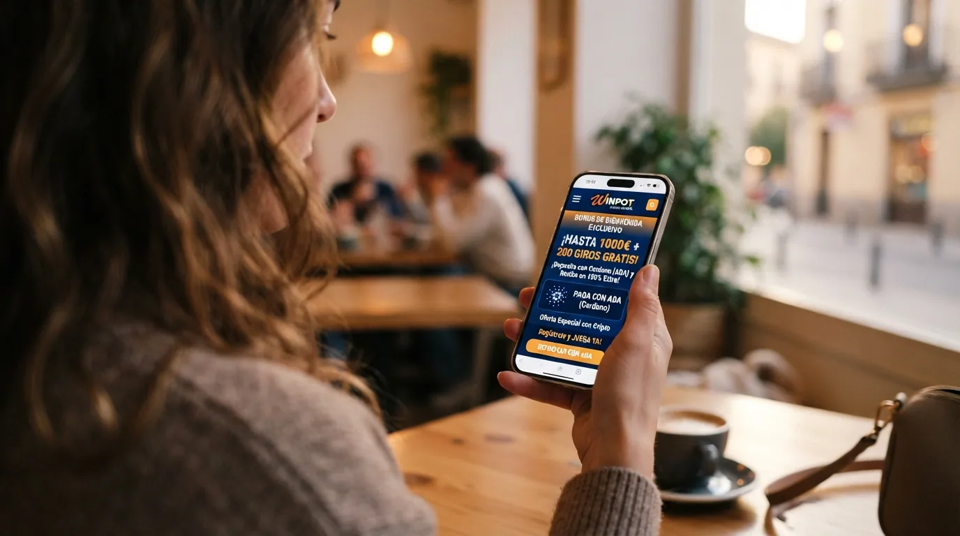 Pantalla de promoción de bono de bienvenida en un casino online con el logotipo de Cardano y el porcentaje de bonificación destacado en la página de inicio