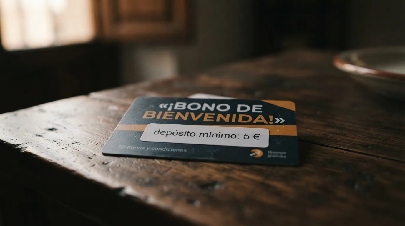 Tarjeta de regalo con el texto «bono de bienvenida» parcialmente oscurecida por una etiqueta que indica «depósito mínimo: 5 €»
