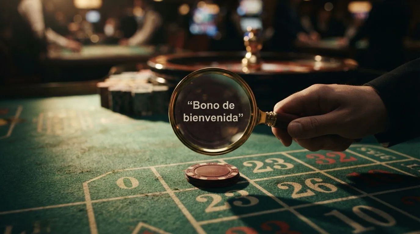 Primer plano de una ficha de casino sobre una mesa de ruleta con una lupa que revela la letra pequeña de un bono de bienvenida
