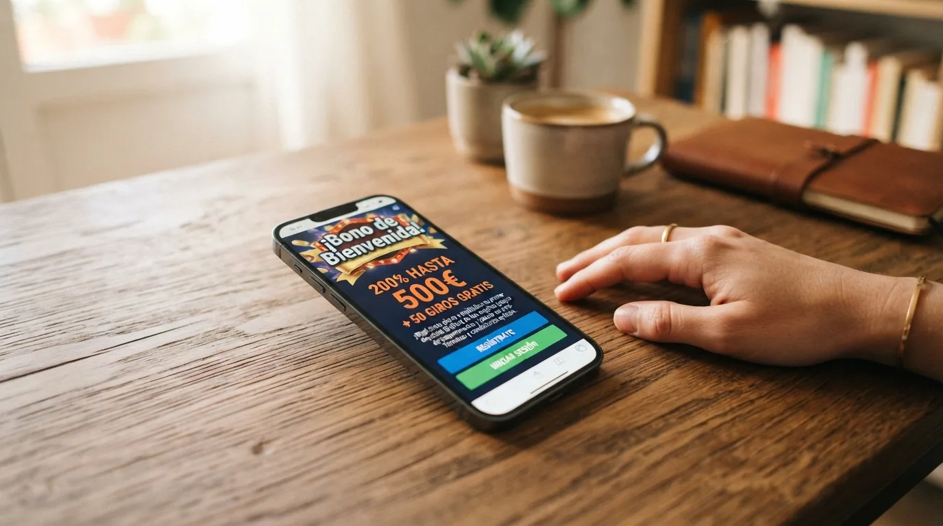 Página de promociones de un casino online español mostrando las condiciones de un bono de bienvenida con el porcentaje, el requisito de apuesta y el plazo de validez