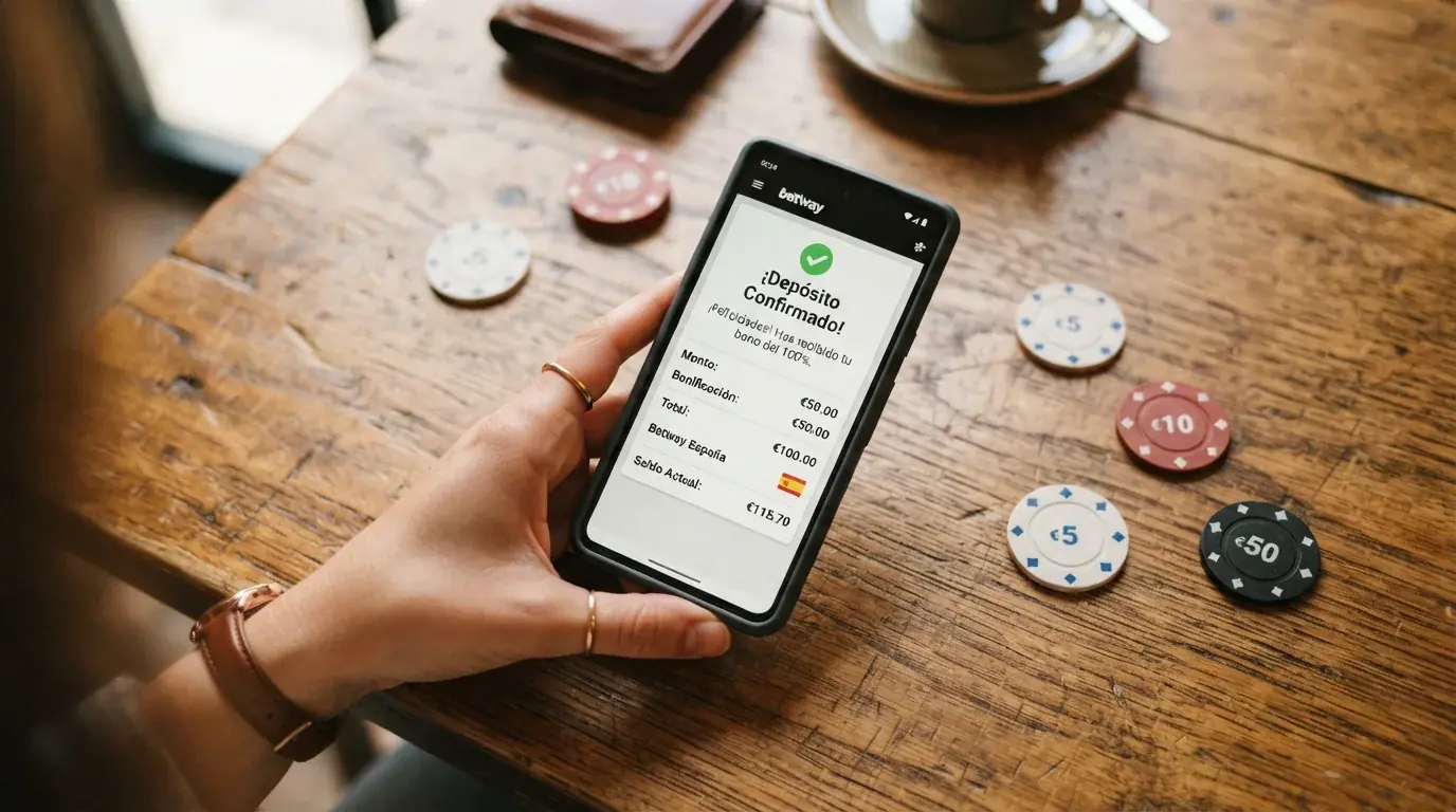 Una mano sujetando un teléfono con la pantalla de confirmación de un depósito con Revolut, con fichas de casino y una tarjeta Revolut Visa sobre la mesa