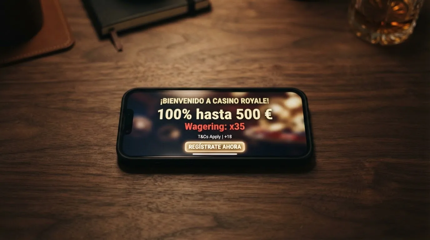Primer plano de una pantalla de casino con el banner de bono de bienvenida del 100% hasta 500 € y la letra pequeña del wagering x35 resaltada