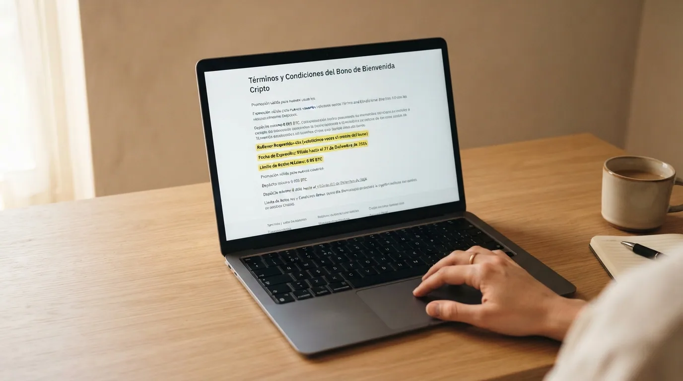 Un primer plano de una pantalla con los términos de un bono de bienvenida en BTC, con el requisito de apuesta, el plazo y el límite de ganancia subrayados en amarillo