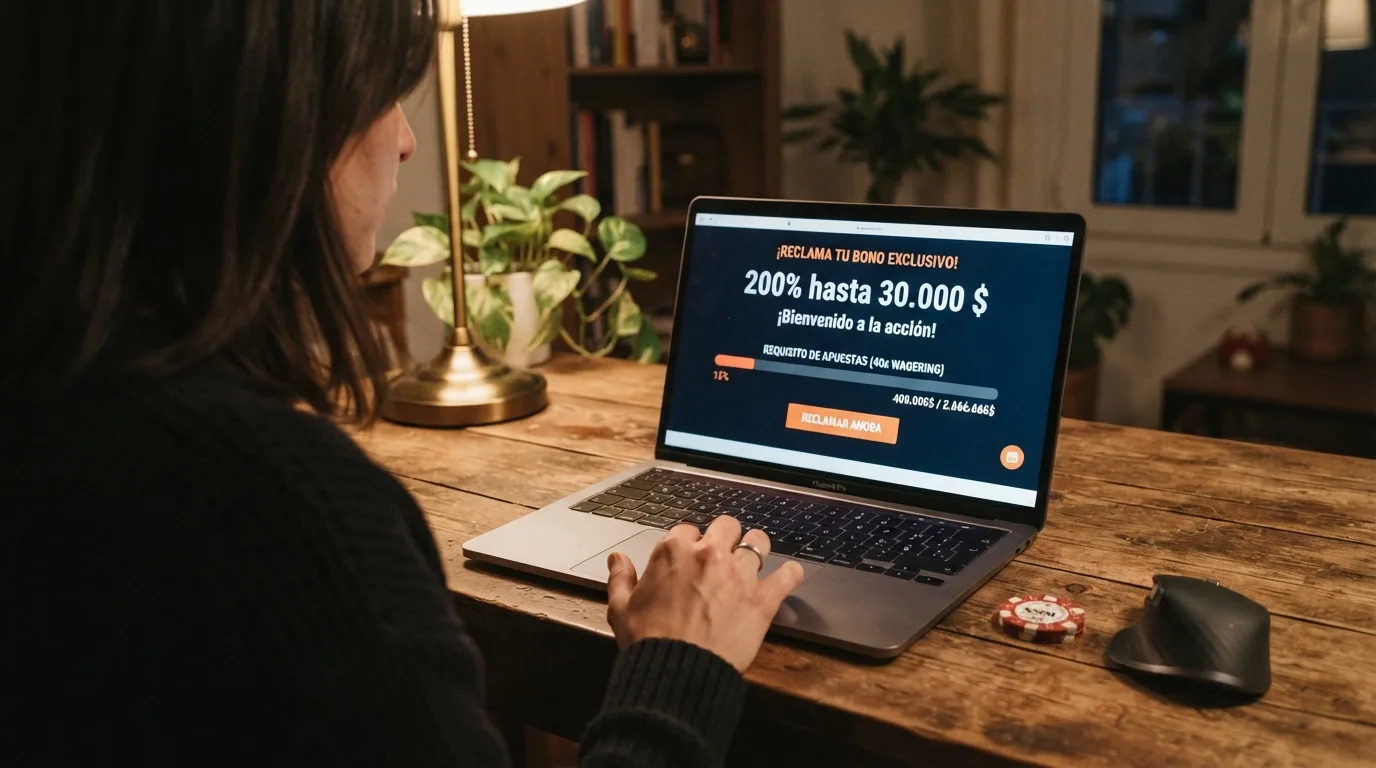 Interfaz de reclamación de bono de bienvenida en un casino online con el importe del bono destacado en pantalla