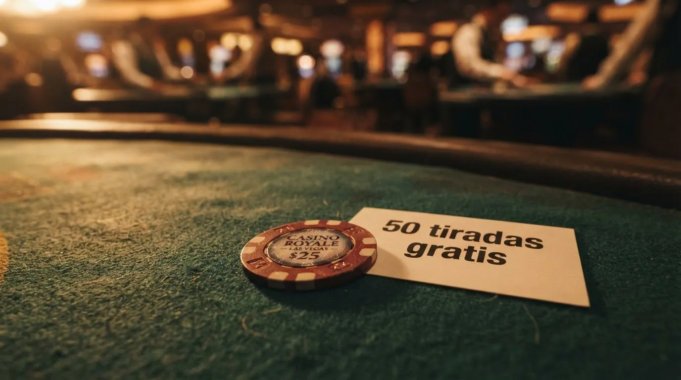 Chips de casino y una tarjeta de bienvenida con el texto de una oferta de bono