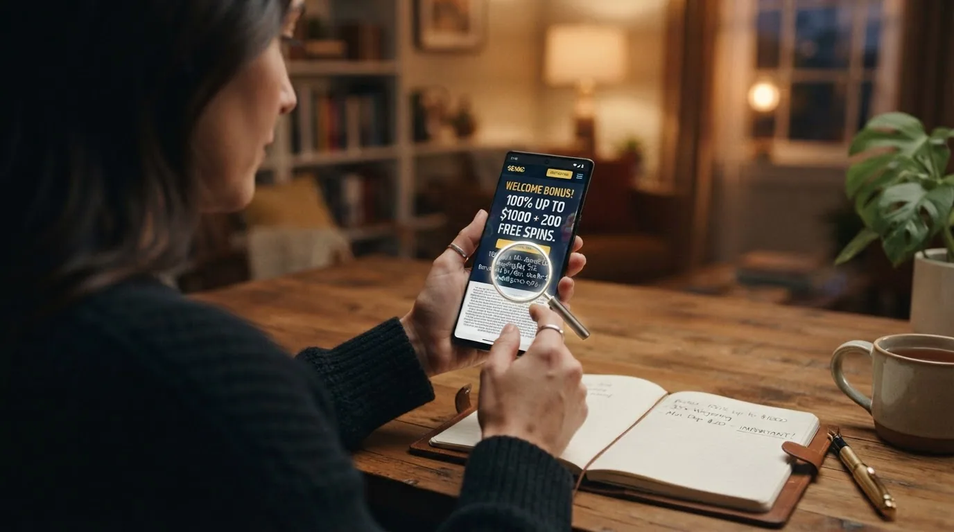 Una pantalla de promoción de bono de bienvenida de un casino online con el porcentaje grande en primer plano y la letra pequeña señalada con una lupa