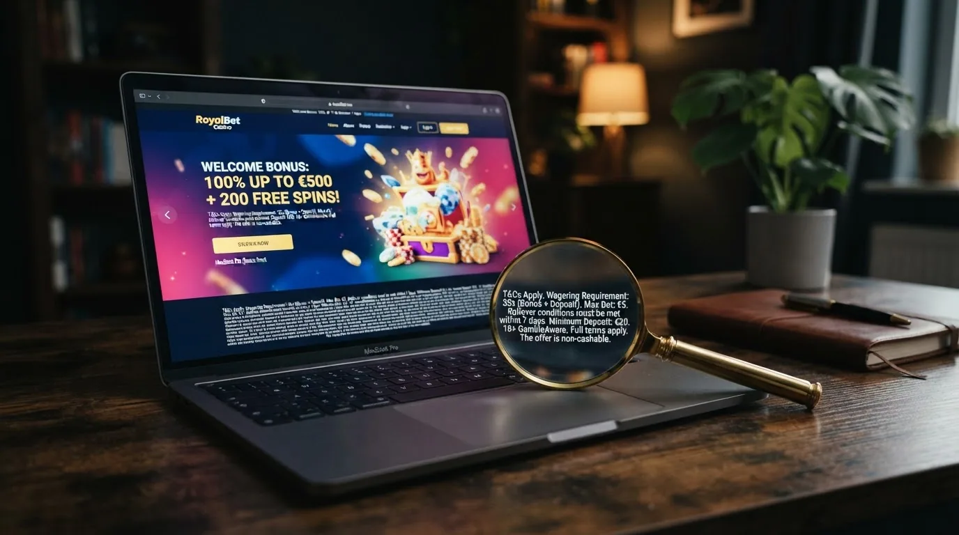 Una pantalla de casino online con el banner de bono de bienvenida y un primer plano de los términos en letra pequeña con una lupa sobre las condiciones de rollover