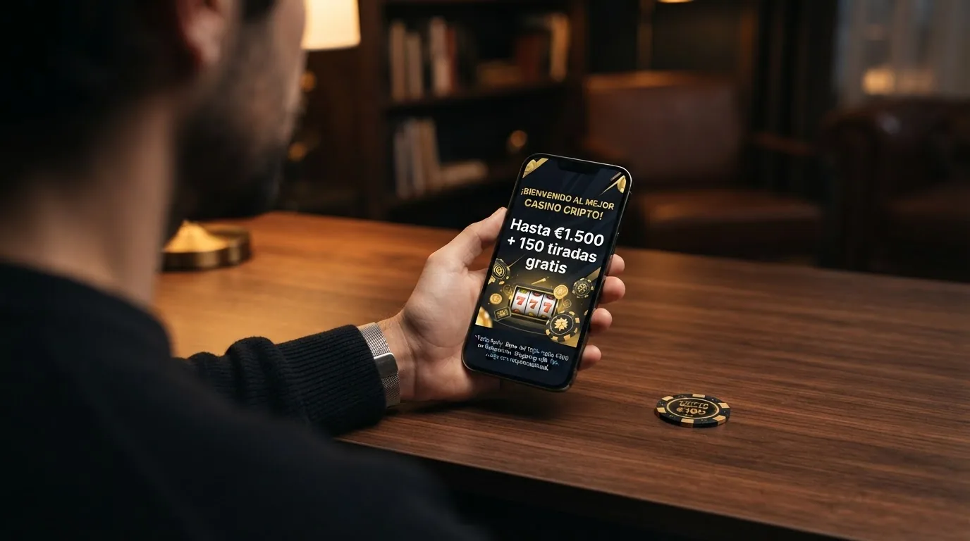 Pantalla de promoción de bienvenida de un casino crypto con el importe del bono en grande y las condiciones en letra pequeña debajo