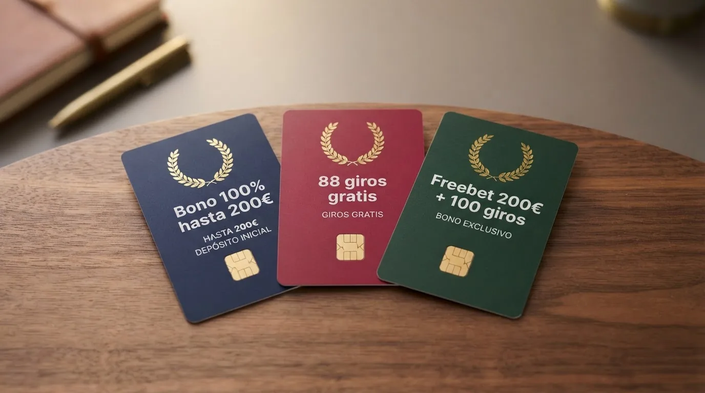 Comparativa visual de fichas de bono con importes, giros gratis y condiciones destacadas