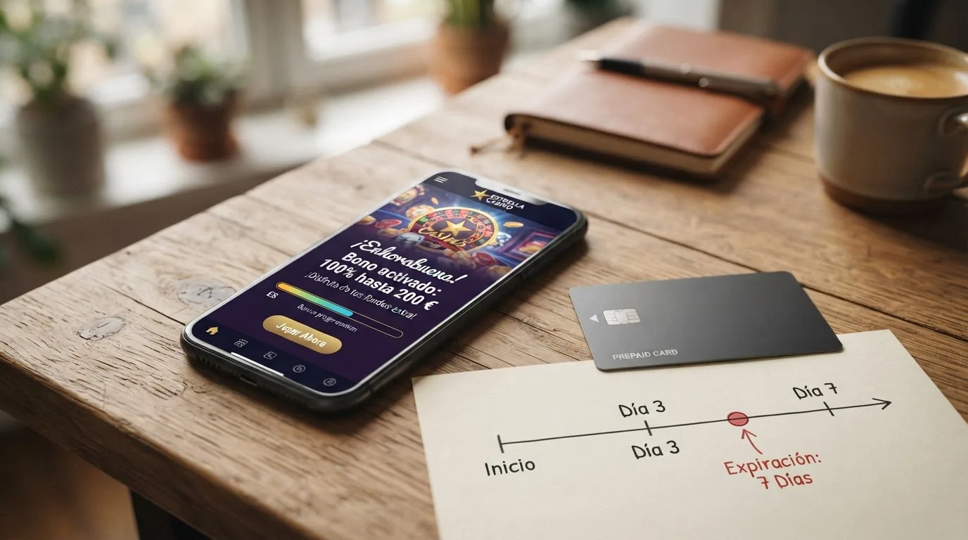 Primer plano de una pantalla de casino con el mensaje de bono de bienvenida activado junto a una tarjeta Mastercard y un calendario que señala el plazo de validez
