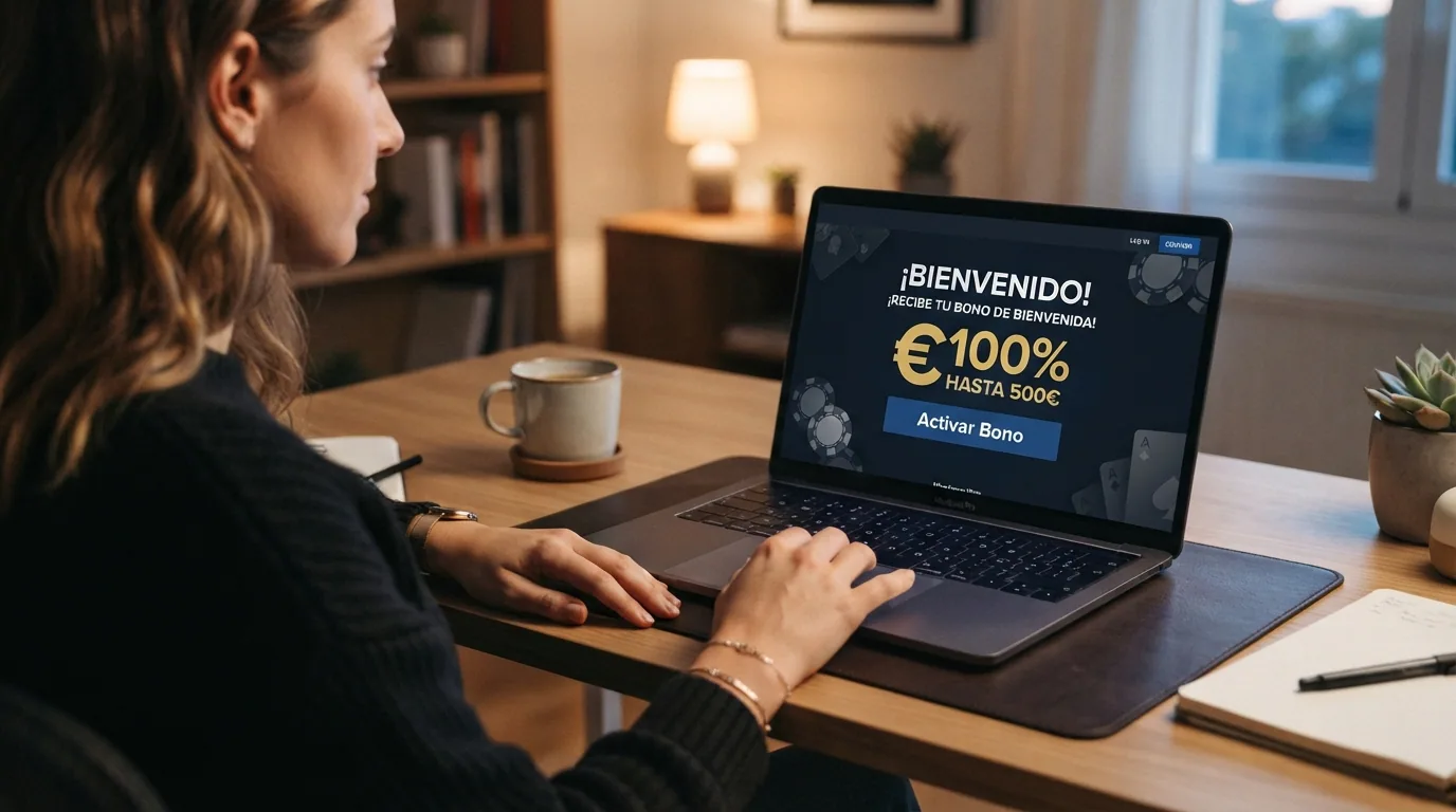 Pantalla de bienvenida de un casino online con la oferta de bono destacada en primer plano