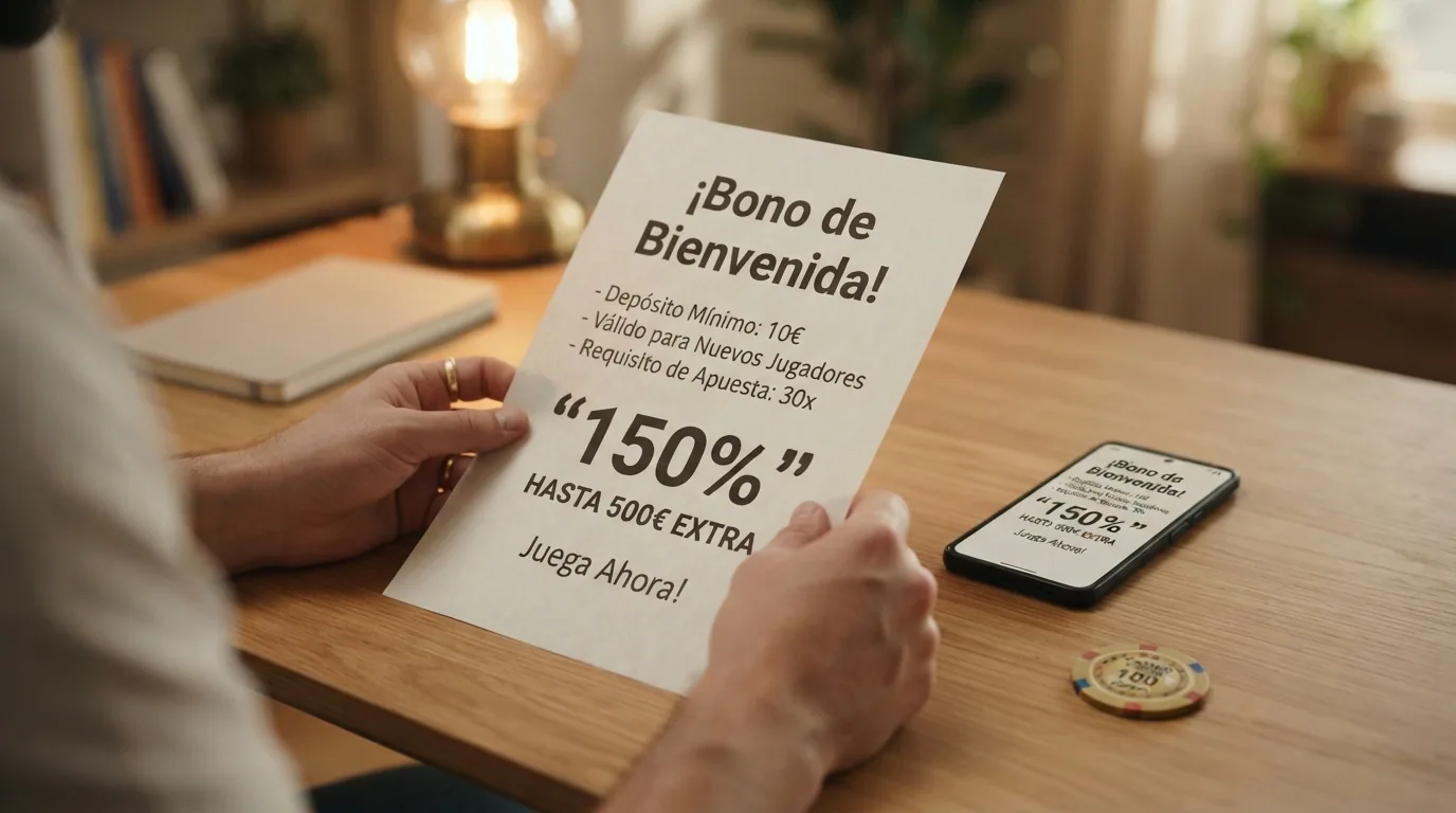 Pantalla promocional con las condiciones de un bono de bienvenida en un casino que acepta USDC, mostrando el porcentaje, el máximo y el requisito de apuesta