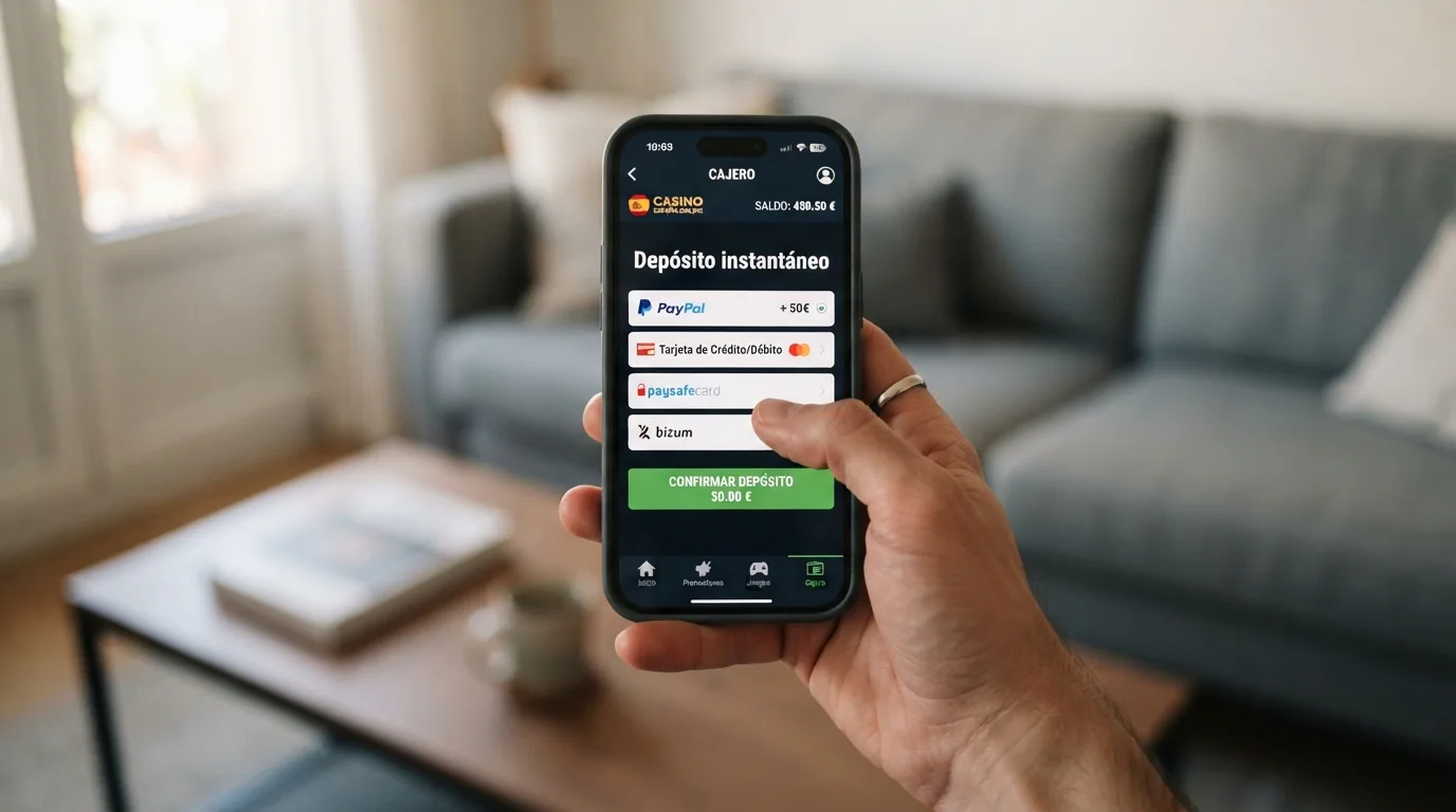 Pantalla de inicio de una app de casino DGOJ en un teléfono móvil con el acceso directo al cajero y el icono de Klarna visible