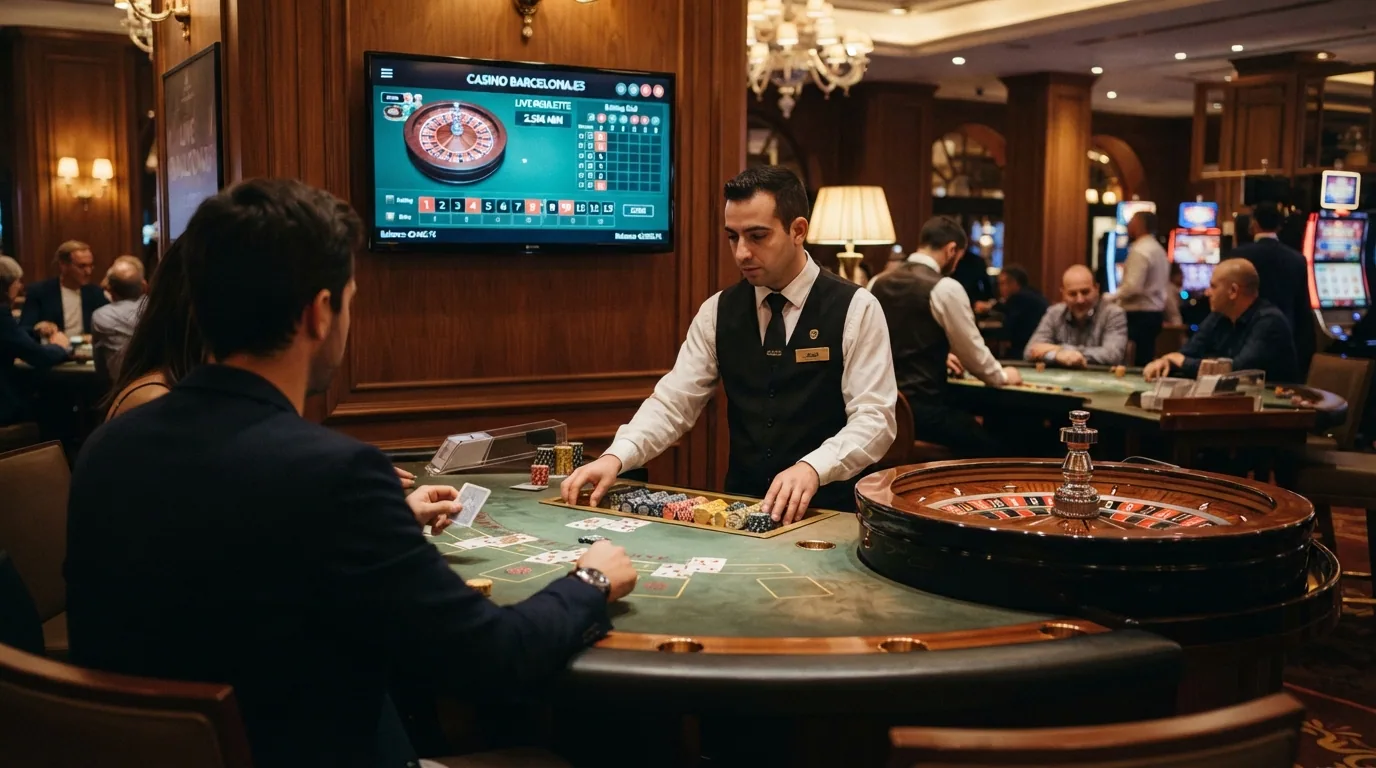 Interior del Casino Barcelona físico con una pantalla superpuesta mostrando la interfaz de su versión online: mismo operador, dos canales