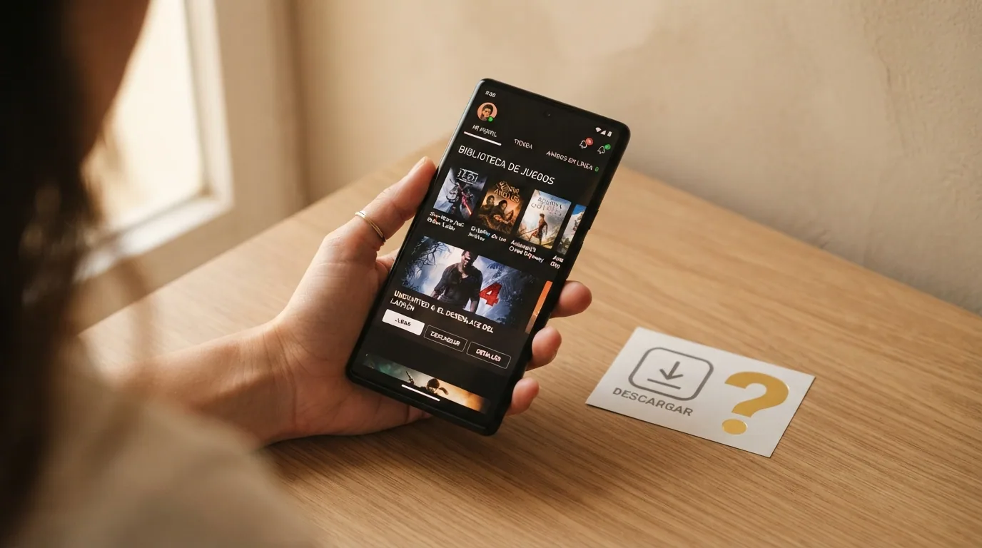 Una mano sostiene un teléfono mostrando un casino Bitcoin en el navegador y, al lado, el icono de descarga de una app nativa con un signo de interrogación