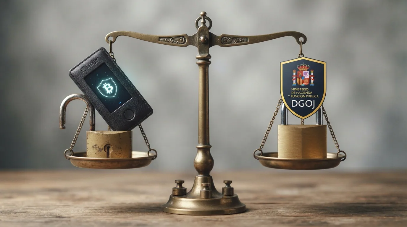 Una balanza conceptual: en un plato, una cartera de criptomonedas con el símbolo de bitcoin sobre un candado abierto; en el otro, el escudo de la DGOJ sobre un candado cerrado con el dominio .es