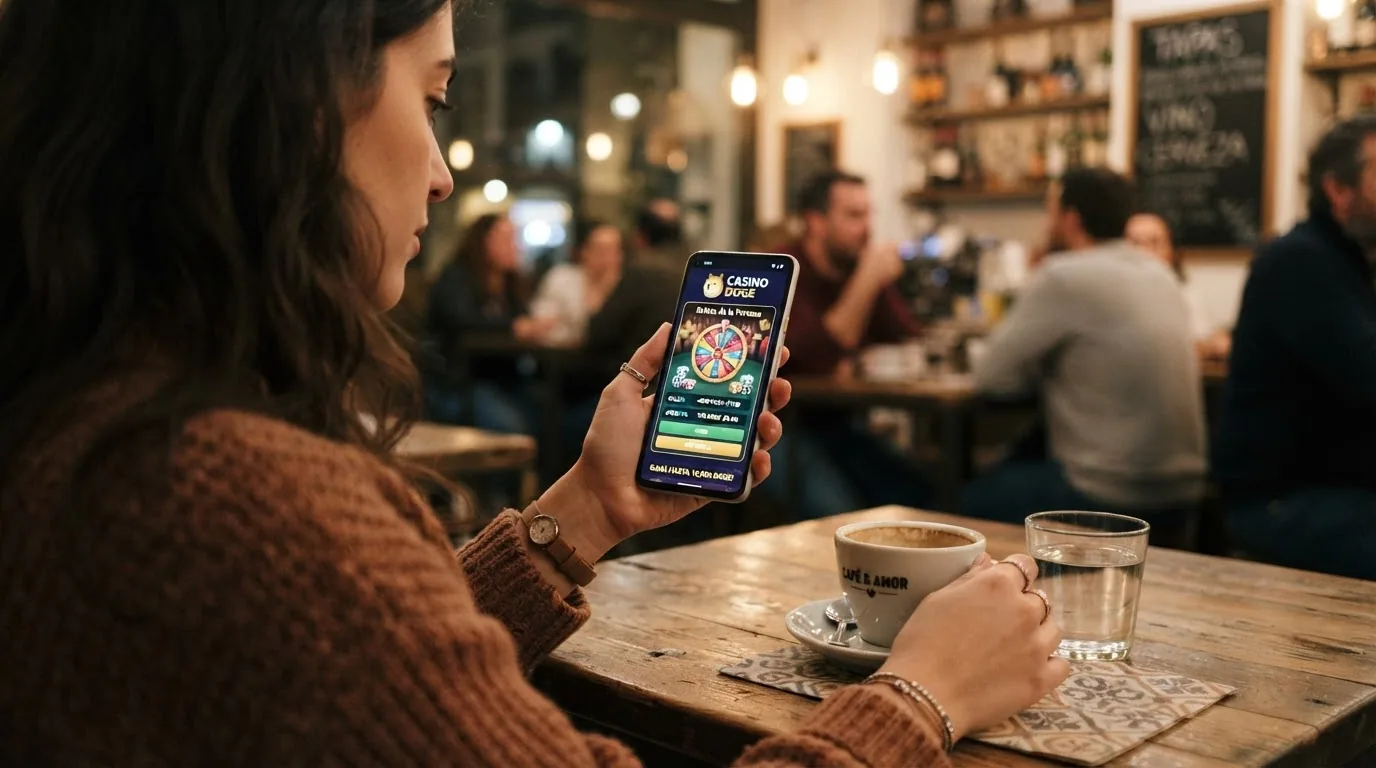 Teléfono móvil con la interfaz adaptada de un casino online que acepta Dogecoin