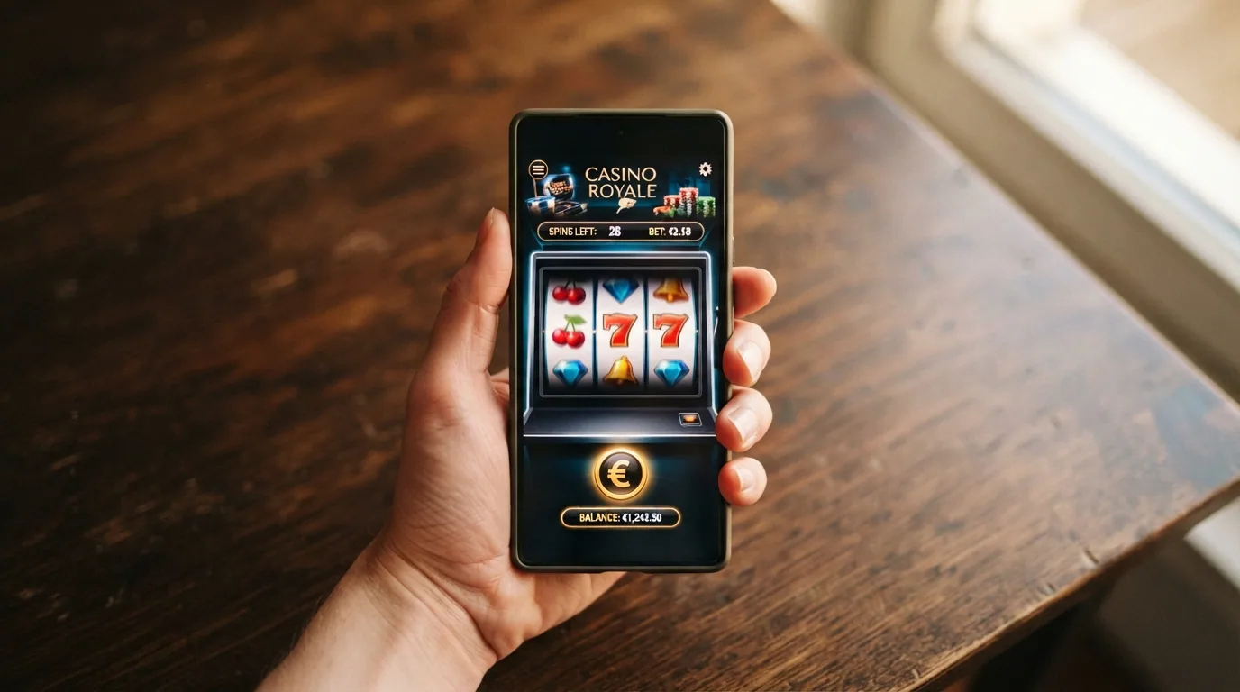 Mano sosteniendo un teléfono con la interfaz de un casino online y el logo de Ethereum visible