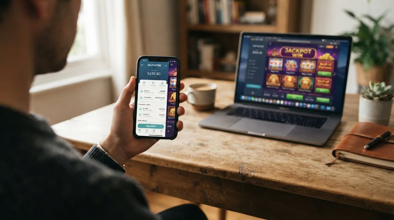 Mano sosteniendo un teléfono con la pantalla dividida entre la app de MiFinity y el lobby de un casino móvil, en segundo plano un ordenador portátil