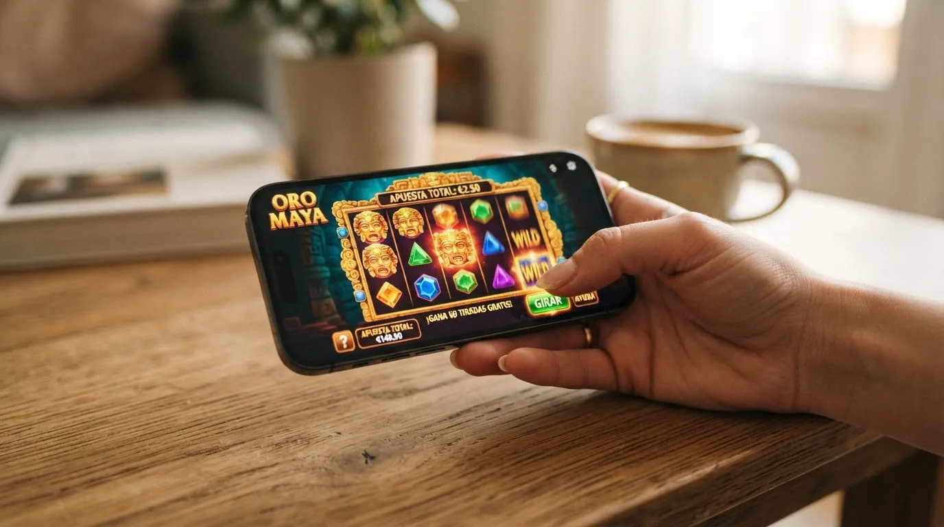 Mano sujetando un teléfono móvil con la pantalla mostrando una tragaperras y el icono de Binance Coin en la esquina superior