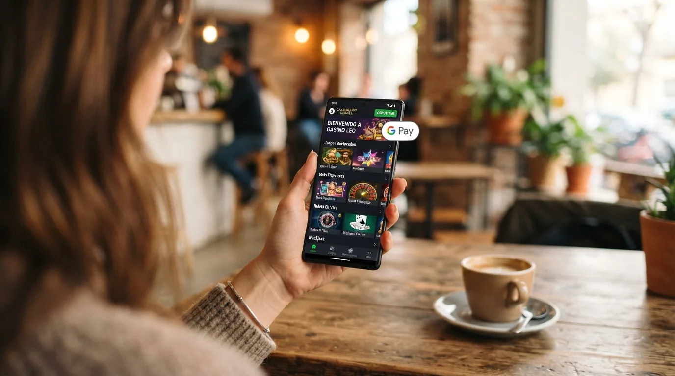 Una mano sosteniendo un teléfono Android en vertical con la interfaz de un casino online y el icono de Google Pay superpuesto sobre el botón de depósito