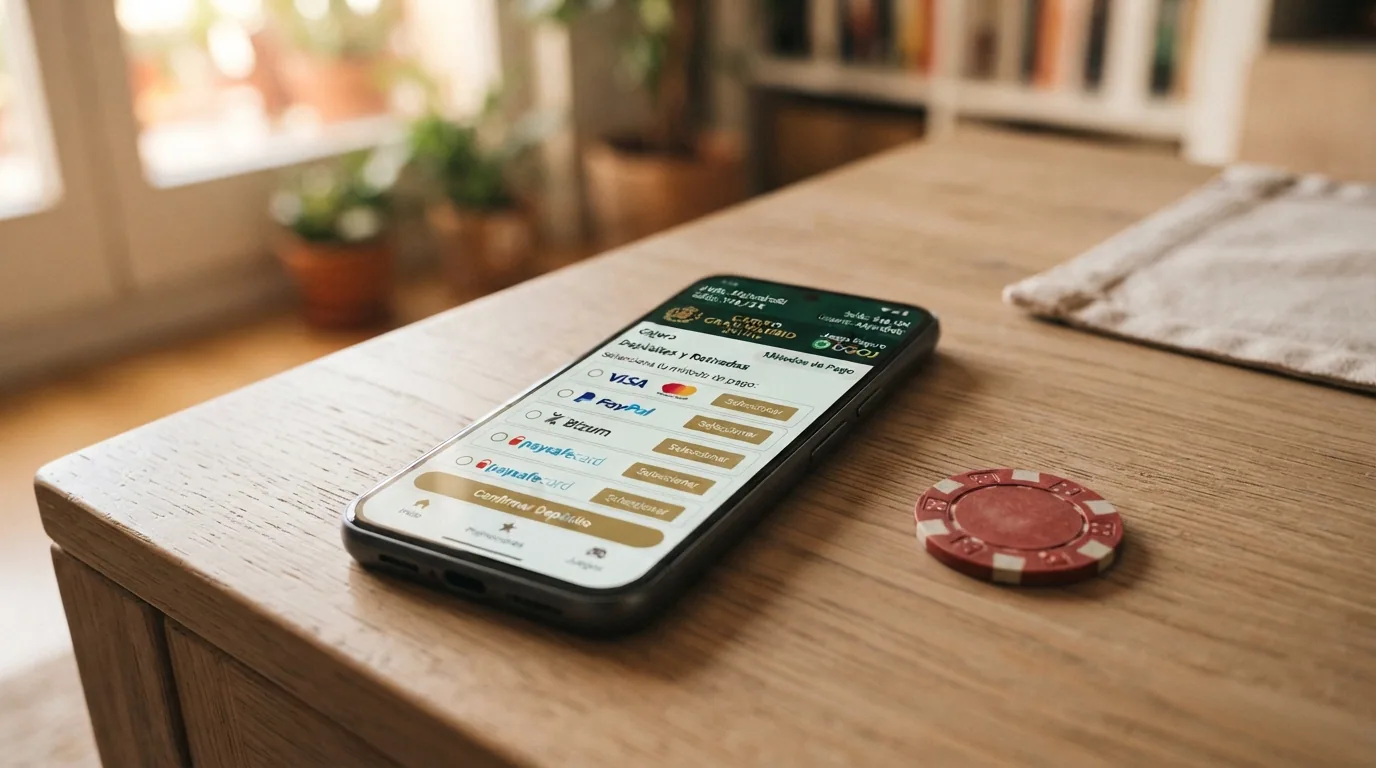 Teléfono móvil mostrando la versión adaptada de un casino español con la sección de cajero y Neteller visible entre los métodos