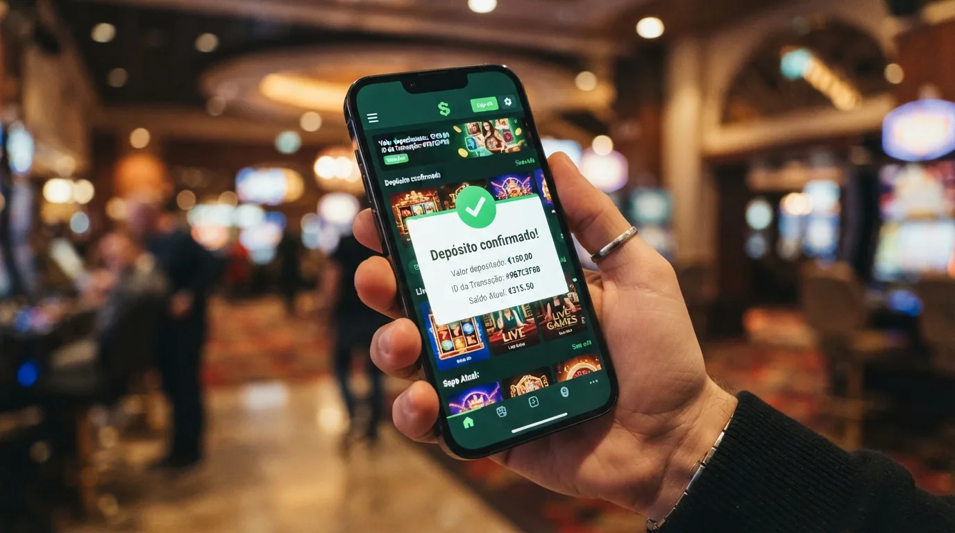 Mano sujetando un móvil en vertical con la pantalla de un casino abierta y la notificación de PayPal confirmando un depósito superpuesta