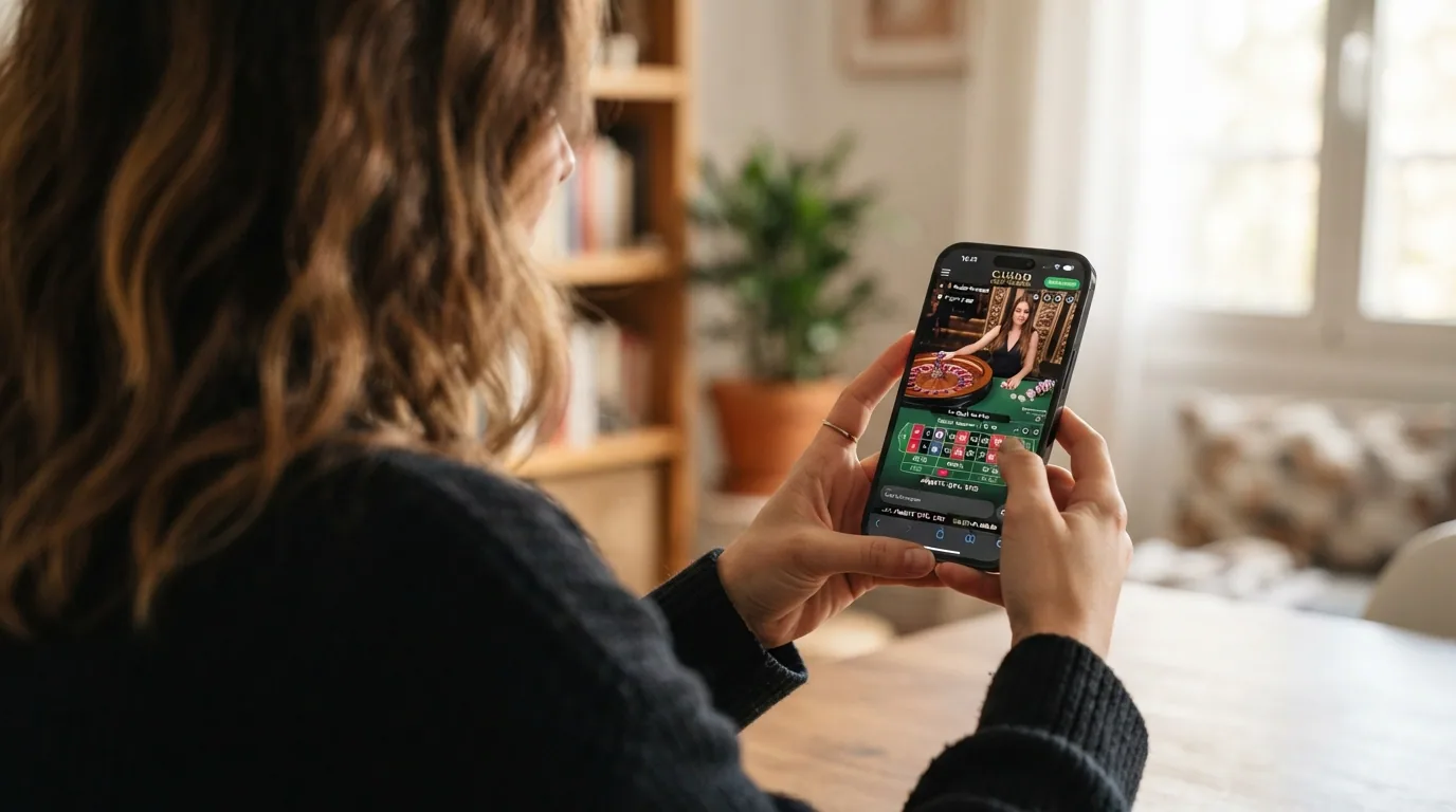 Un smartphone en horizontal mostrando la interfaz de un casino online español, con la notificación emergente de la app de Revolut confirmando un depósito