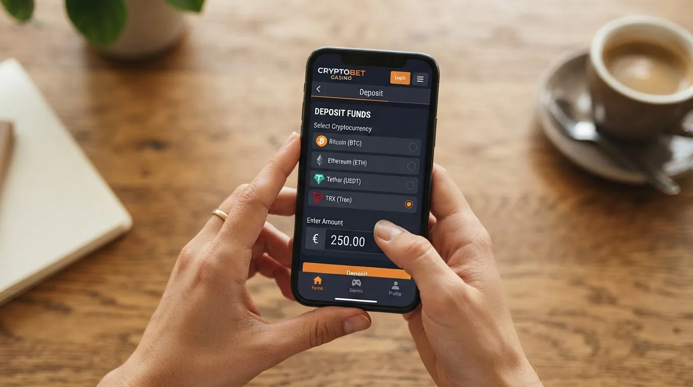 Un teléfono mostrando la interfaz móvil de un casino con TRX, con el menú de depósito en criptomonedas desplegado