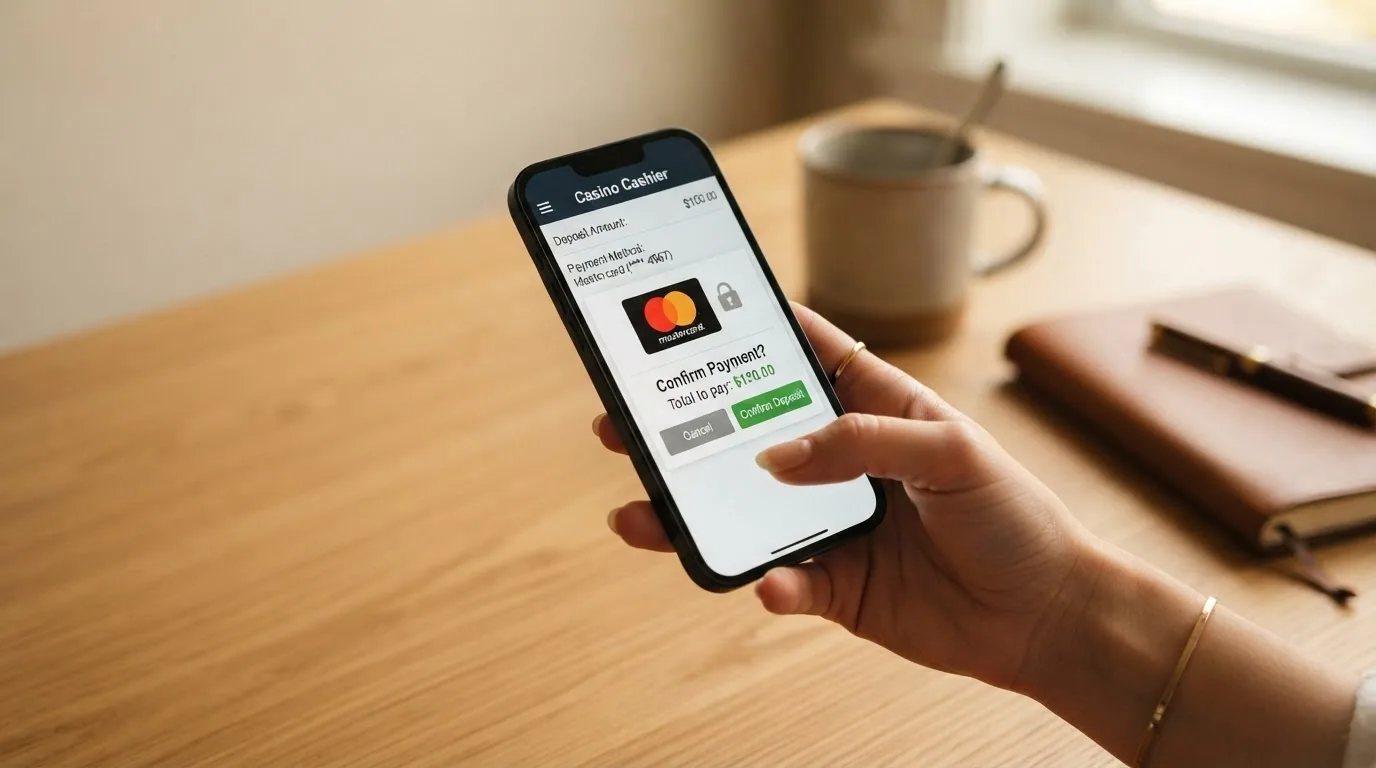 Una mano sosteniendo un teléfono móvil con la pantalla de un casino online y el logo de Visa visible en la pasarela de pago