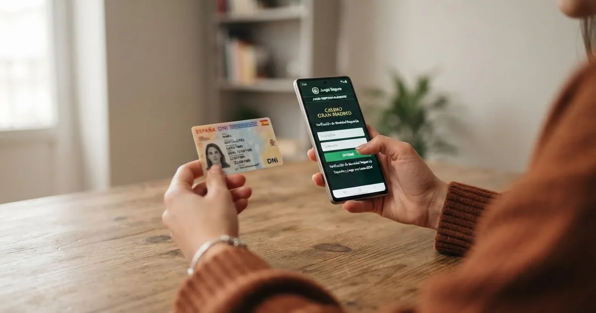 Un jugador sosteniendo su DNI frente a la pantalla de un ordenador con la web de un casino online regulado visible; la pantalla muestra un mensaje de verificación de identidad