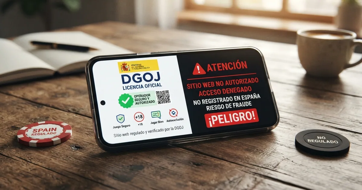 Pantalla dividida: a la izquierda, un móvil mostrando la página de verificación de licencia de la DGOJ con un sello verde; a la derecha, el mismo móvil con una alerta roja de sitio no autorizado