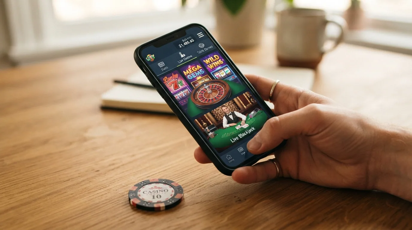 Mano sosteniendo un teléfono móvil con la interfaz de un casino online abierta en el navegador