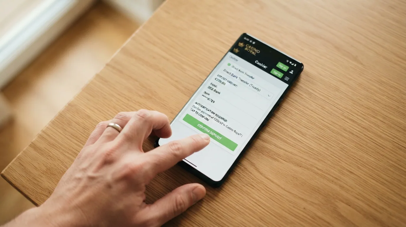 Mano sosteniendo un teléfono con la pantalla de depósito de un casino y la notificación de confirmación bancaria por SMS en primer plano