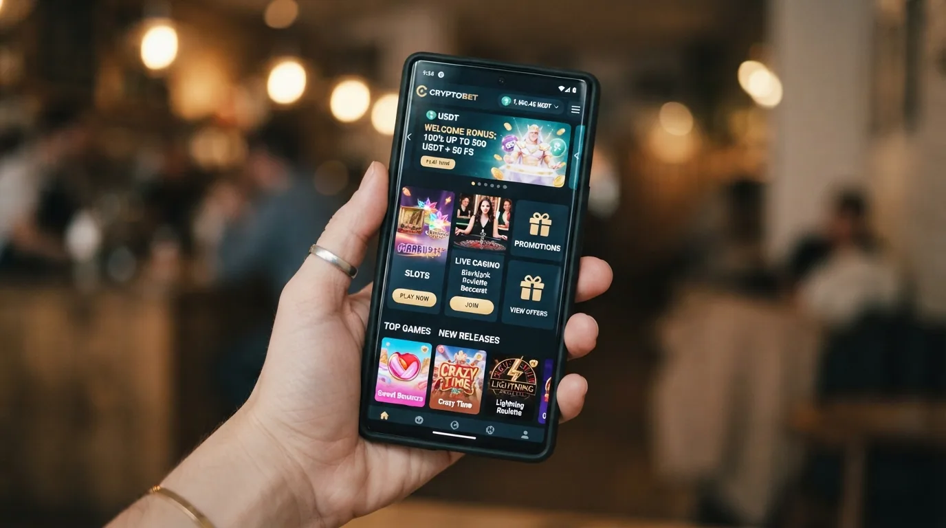 Un casino USDT abierto en el navegador de un teléfono móvil, mostrando el lobby de juegos adaptable a pantalla vertical