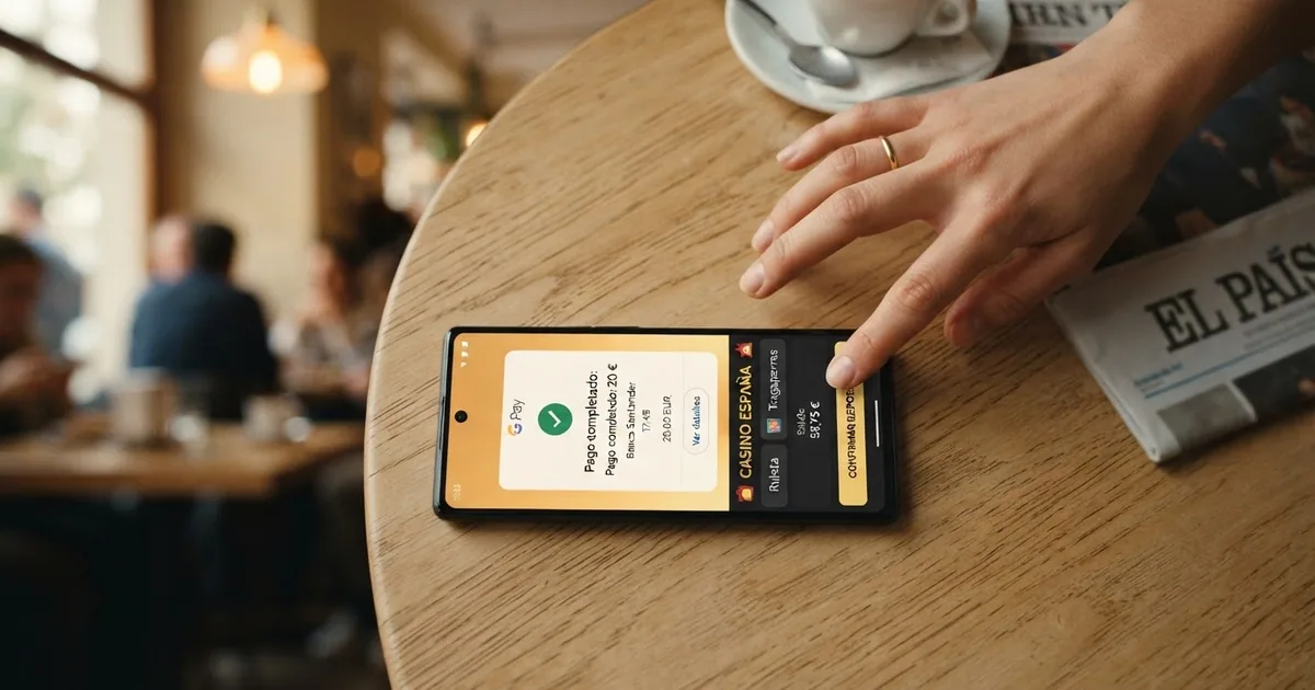 Un teléfono Android mostrando la pantalla de confirmación de pago de Google Pay junto a la interfaz de un casino online español con licencia DGOJ