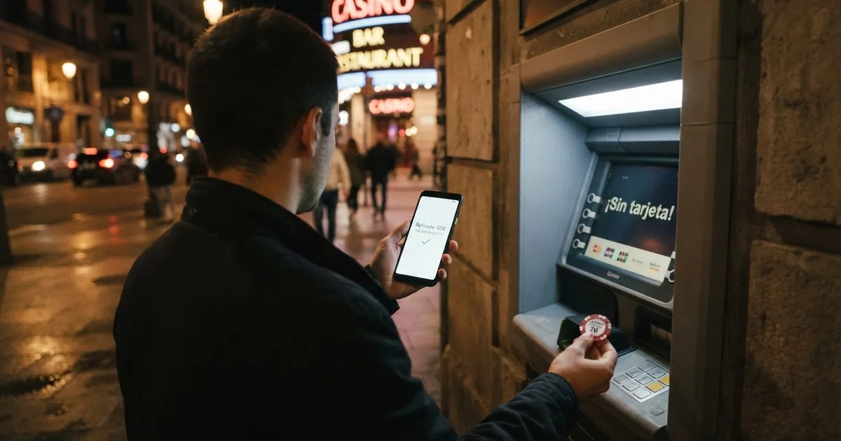Persona retirando efectivo de un cajero automático con el teléfono móvil en la mano y sin tarjeta bancaria