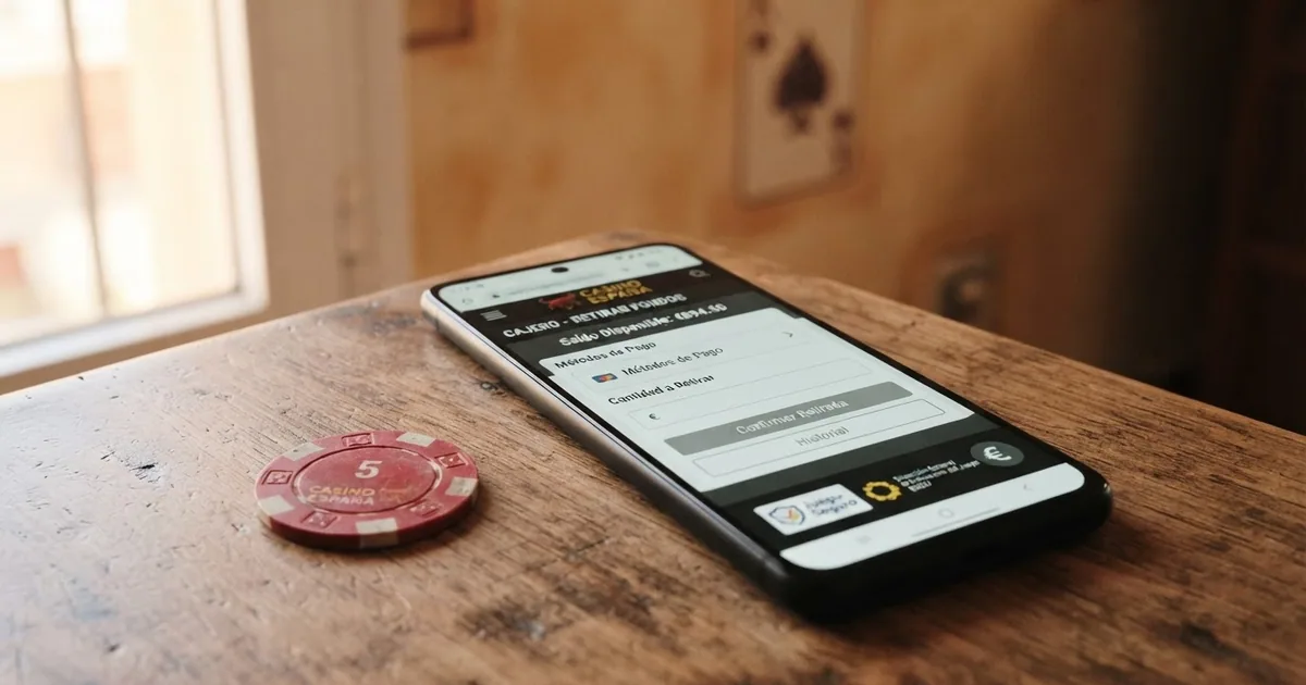 Un teléfono móvil mostrando la app de Revolut junto a una pantalla con un casino online español abierto en la sección de cajero, con el logo de la DGOJ visible