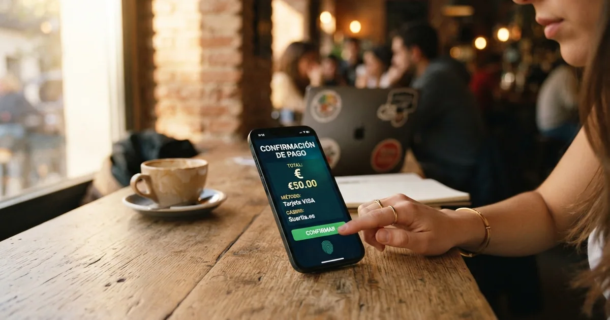 Jugador usando el móvil para confirmar un depósito con Bizum en la pantalla de un casino online español