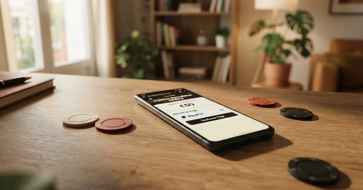 Un móvil mostrando la pantalla de depósito de un casino online con el logotipo de PayPal seleccionado como método de pago, sobre un fondo de fichas de casino