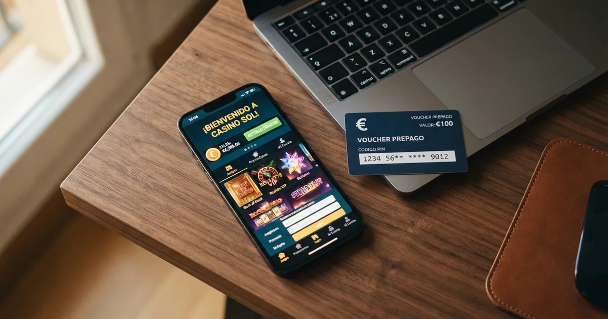 Una tarjeta Paysafecard sobre el teclado de un portátil junto a la pantalla de un casino online con el dominio .es visible